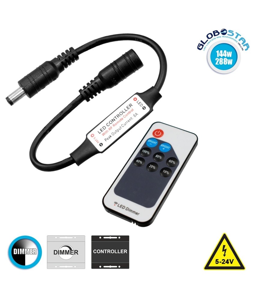 GLOBOSTAR® DIMMEROLI 73308 Σετ Dimmer με RF Ασύρματο Χειριστήριο με 1 x 6A 144W Κανάλι DC 5-24V 6A 144W Max IP20 - RF2.4Ghz - Μ25 x Π1.3 x Υ0.5cm - 2 Χρόνια Εγγύηση